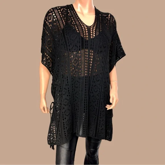 90s Black Open Knit Lace Crochet Tunic M/ L Side Cinch Y2K Dark Fairy WimsiGoth - Picture 5 of 11